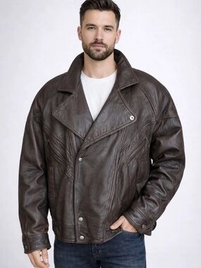 Vintage Men's Dark Brown Leather Bomber Jacket - Classic Moto Style